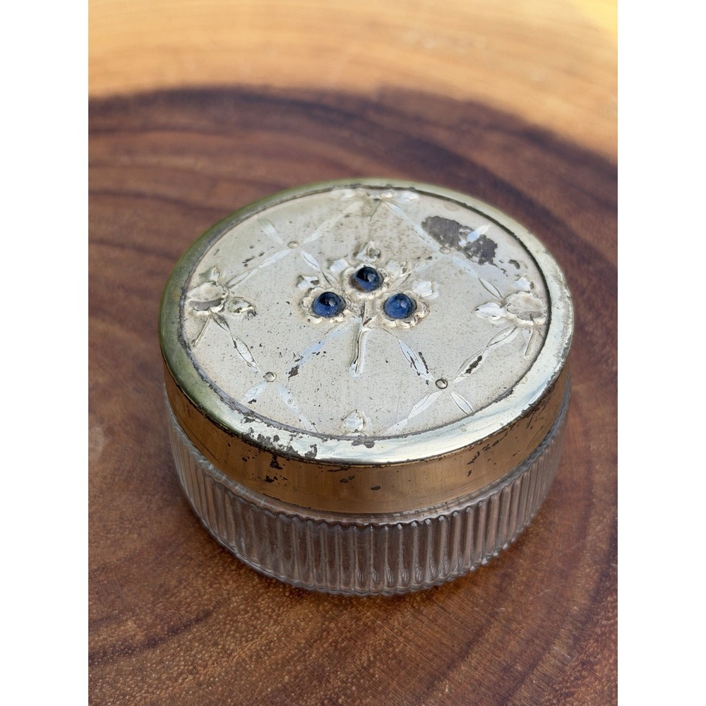 Vintage Art Deco Glass Powder Jar Blue Cabochon Floral Metal Lid Vanity Dresser
